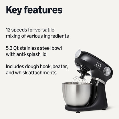 Tilt-Head Stand Mixer with 5.3Qt Bowl, Dough Hook, Beater and Whisk, 12 Speeds, 350W, Black2