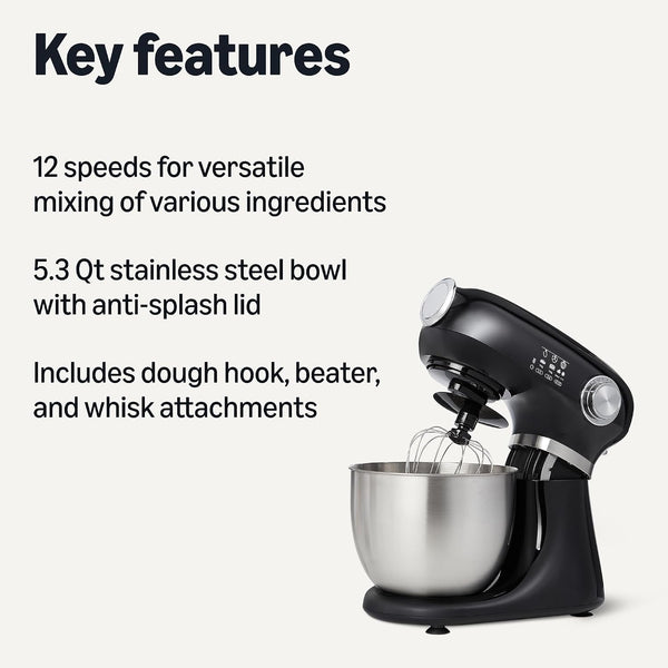 Tilt-Head Stand Mixer with 5.3Qt Bowl, Dough Hook, Beater and Whisk, 12 Speeds, 350W, Black2