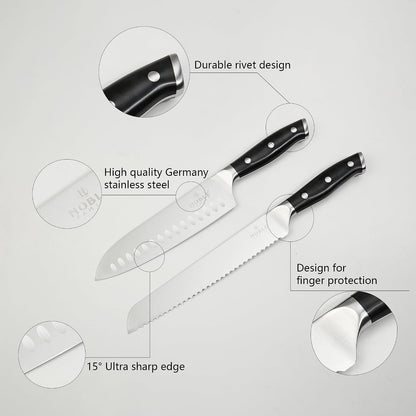 Knife Set with Block,  16Pcs Kitchen Knives Drawer Organizer Set with Sharpener, Cutting Board, Anti-Slip Chef Knives Set with 6Pcs Steak Knives, Black9