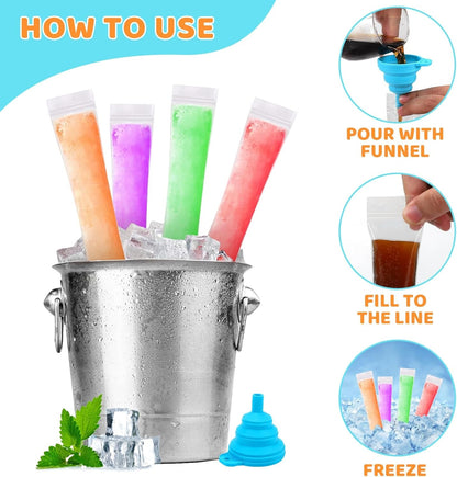 300 Disposable Ice Popsicle Mold Bags Comes with a Funnel | 1.8 X 8.5 Inch, BPA Free Freezer Tubes, Healthy Snack Yogurt Stick Juice Fruit Smoothies Ice Freezing4