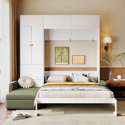 Wall Bed Queen Size with Sofa and Shelves,Multi-Functional Hideaway Murphy Bed W/Teddy Fleece Couches & Dual-Piston Metal Folding System Cabinet,Lock,Space Saving for Bedroom,Green1