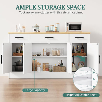 Buffet Cabinet with Storage,53.4" Large Kitchen Storage Cabinet with 3 Drawers and 4 Doors,Wood Farmhouse Buffet Sideboard with Adjustable Shelf for Kitchen Living Room, White6