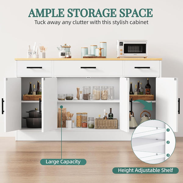 Buffet Cabinet with Storage,53.4" Large Kitchen Storage Cabinet with 3 Drawers and 4 Doors,Wood Farmhouse Buffet Sideboard with Adjustable Shelf for Kitchen Living Room, White6