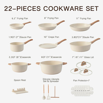 22 Pcs Cream Titanium Nonstick Pots & Pans, Induction & Gas | Ultra-Durable Titanium Nonstick Coating, Warm Cream Aesthetic, Heat-Resistant Wood Handles, Suitable for All Stove Induction6
