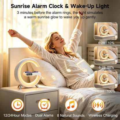 4 in 1 Smart LED Table Lamp, Alarm Clock, Bluetooth Speaker, Wireless Charger, App Control Night Light Bedside Lamp with Fast Charging Station for Bedroom, Home Decor, Family, Teen Girls Boys Gifts4