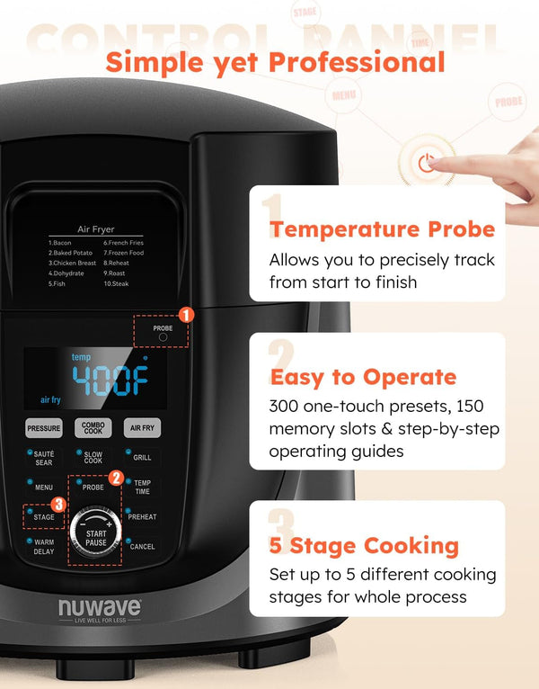 Duet Electric Pressure Cooker & Air Fryer Combo W/Probe, 450-In-1 | Slow Cooker & Grill, Integrated Digital Temp Probe, 6Qt SS Pot, Adjustable High/Low Pressure, Built-In Sure-Lock Safety Tech8