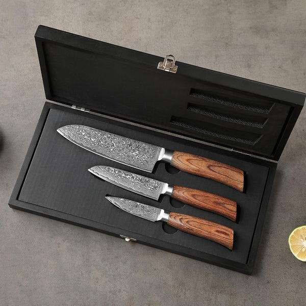EDIB Pro Kitchen Knife Set, 3-Piece VG10 Damascus, Pakkawood Handles3