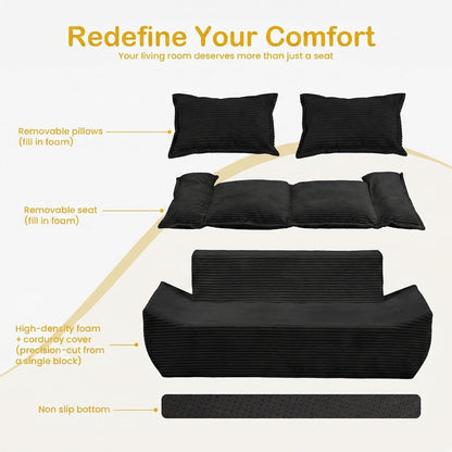 56" Boneless Loveseat Sofa, 2-Seater Black Boneless Sofa with Removable Cushions & 2 Pillows, Small Couch Boneless Compress Foam Sofa for Living Room, Apartments, & Office5