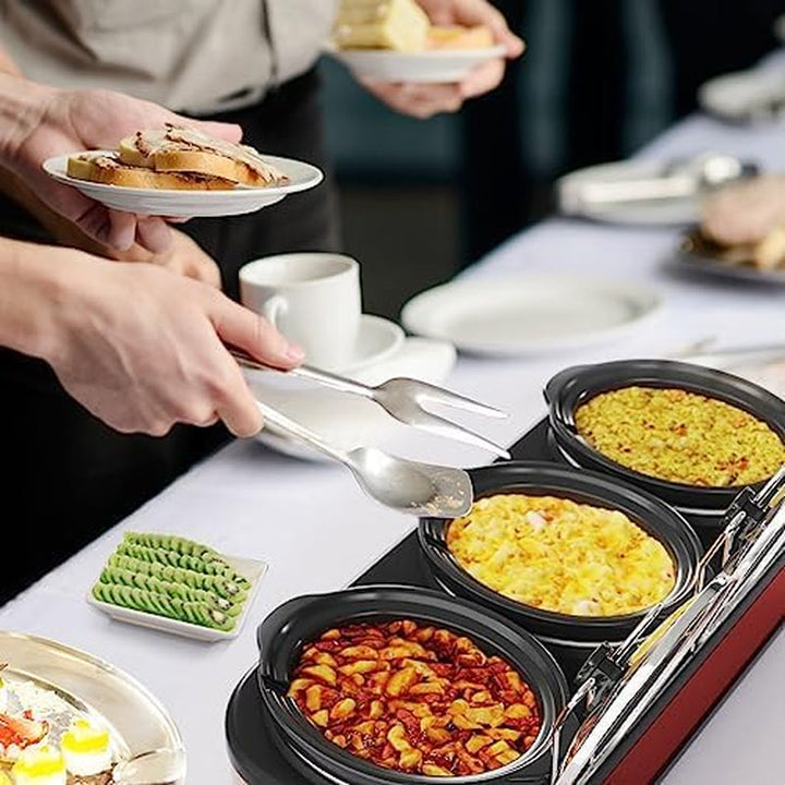 3 * 1.5 Quarts Triple Slow Cooker, Buffet Server & Warmer with 3 Removable Ceramic Pots, 3 Adjustable Temp Settings & 3 Metal Lid Rests, Stainless Steel, Red+2