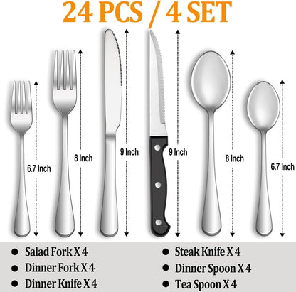 24 Pcs Silverware Set with Steak Knives for 4, Stainless Steel Flatware Set, Mirror Polished Cutlery Utensil Sets, Home Kitchen Eating Tableware, Dishwasher Safe2