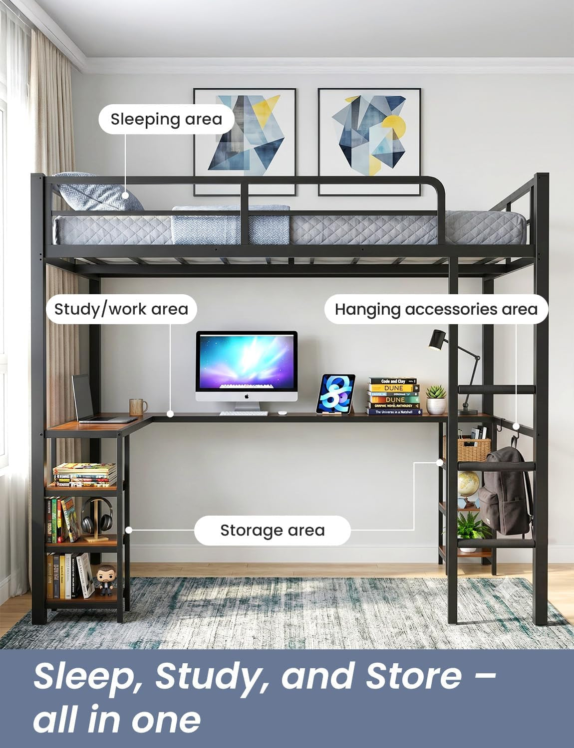 full-size-loft-bed-with-desk-shelves-and-clothes-rack-black