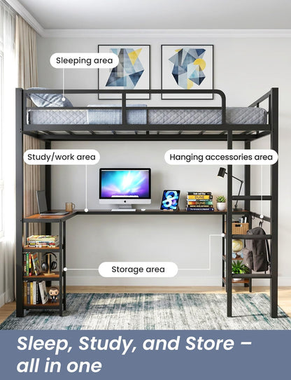 Full Size Loft Bed with Desk, Shelves and Clothes Rack,Black3
