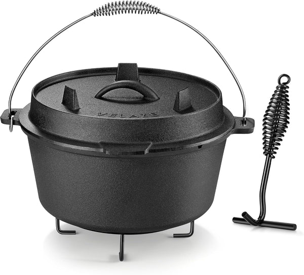 10 QT Pre-Seasoned Cast Iron Camping Dutch Oven Pot with Lid | Comes with Metal Handles, Lid Lifter,Stand Support,Use in Oven, on Stove,Grill,Or over Campfire,Capacity for 4-8 People1