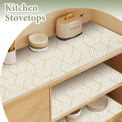 Shelf Liners for Kitchen Cabinets 12In X 20FT, Non Adhesive Cabinet Liner Strong Non-Slip Thickened Gold Geometric Drawer Liner, Easy to Clean for Shelf, Cabinet with Knife and Tape Measure3