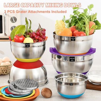 Mixing Bowls with Airtight Lids Set, 8PCS Stainless Steel Nesting Bowls Set, 3 Grater Attachments & Non-Slip Bottoms, Size 5, 4, 3.5, 2, 1.5QT for Baking & Mixing(Colorful)5