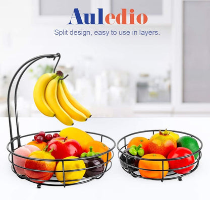 Iron 2-Tier Countertop Fruit Vegetables Basket Bowl Storage with Banana Hanger, Black, 64 Ounces3
