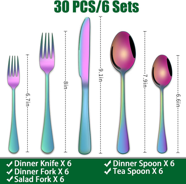 Colorful Rainbow 30 Pieces Silverware Sets Service for 6,Colored Flatware Sets Contains Knife and Fork Spoons Eating Utensils Sets for Kitchen Tableware2