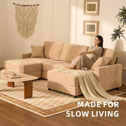 112" U Shaped Modular Cloud Sectional Couch, Waffle Fabric, Oatmeal Beige5