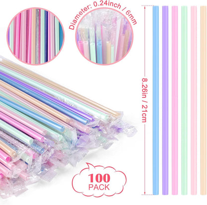 [Individually Wrapped] 100Pcs Disposable Plastic Drinking Straws - 8.26" Long and 0.24 Diameter Colorful Cute Straws for Juice,Coffee,Milk,Cocktail, Bachelorette/Birthday Party, Bridal/Baby Shower2