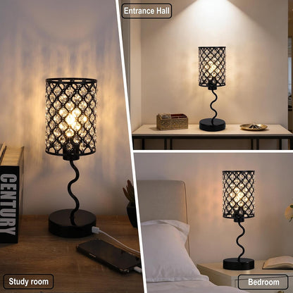Crystal Table Lamp with 3 Way Dimmable Touch Control, Nightstand with USB A+C Ports, Modern Bedside Touch Lamp for Bedroom, Living Room, Office Reading, Black6