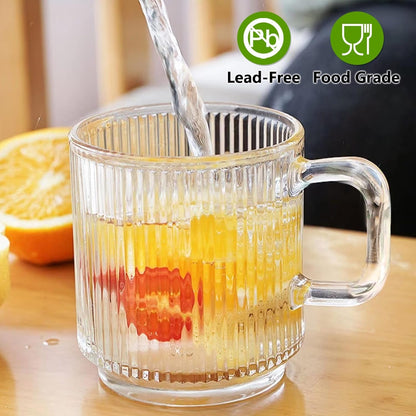 6 PACK Premium Glass Coffee Mugs with Handle, 12 OZ Classic Vertical Stripes Glass Coffee Cups, Transparent Tea Cup for Hot/Cold Beverages, Glassware Set for Americano, Latte, Cappuccino5