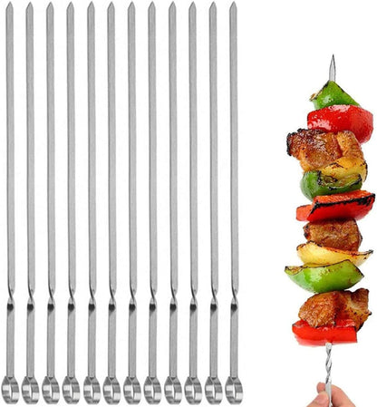 12PCS Kabob Skewers Flat Metal BBQ Barbecue Skewer 14" Long Stainless Steel Shish Kebob Sticks Wide Reusable Grilling Skewers Set for Meat Shrimp Chicken Vegetable, 12 Pack1