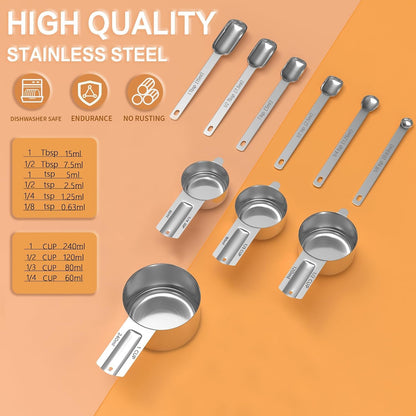 Stainless Steel Measuring Cups & Spoons Set for Cooking and Baking, Nesting Measuring Cups Measuring Spoons for Measuring Dry or Liquid Ingredients, Kitchen Gadgets, 10Pack2