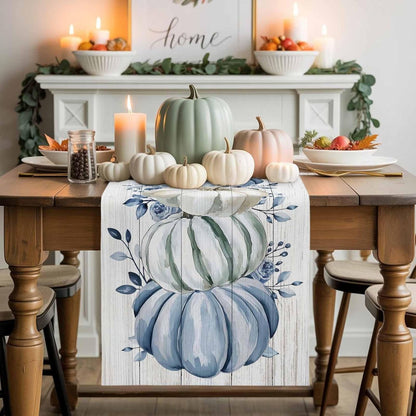 Fall Table Runner Blue Pumpkin Table Runners Harvest Thanksgiving White Blue Pumpkins Wooden Cotton Linen Dresser Scarf Kitchen Dining Table Decor for Autumn Holiday Party Coffee 13X120 Inch3