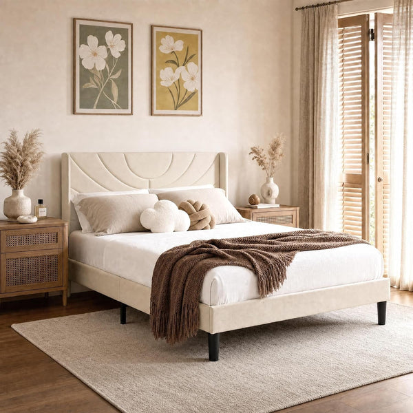 Upholstered Platform Queen Size Bed Frame with Fabric Headboard,Wooden Slats Support/No Box Spring Needed/Mattress Foundation,Beige7