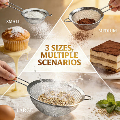 Fine Mesh Strainers - Premium Stainless Steel Colander Sieve Sifters, with Durable Mesh and Sturdy Handle, Excellent for Sifting Dry Ingredients, Flour, Pastas, Rice, Tea (3.15"+5.5"+7.87")3