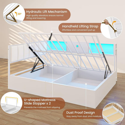Corner Full Lift up Bed with Hydraulic Storage and Bookcase, White9