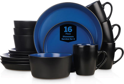 Stone Lain Albie Stoneware 16-Piece Modern Dinnerware Set, Kitchen Plates and Bowls Sets, Service for 4, Blue and Black, Microwave & Dishwasher Safe1