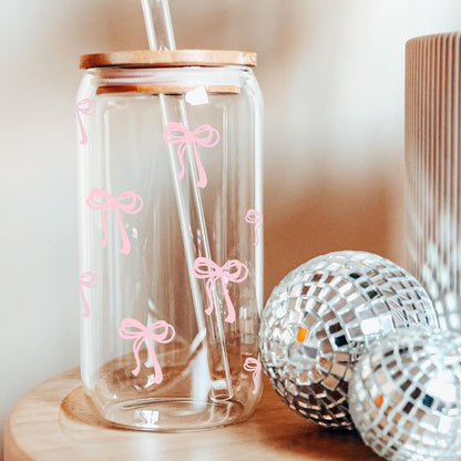 Coquette Cute Pink Bow Glass Cups with Lids and Straws, Aesthetic Iced Coffee Matcha Cup, Girly Preppy Design Tumbler Mug, Valentines Christmas Birthday Gifts for Women, Teen Girl Gifts Trendy Stuff6