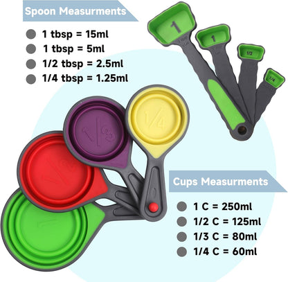 8Pcs Collapsible Silicone Measuring Cups and Spoons Set Soft Portable Adjustable Camper Kitchen Accessories for Liquid Dry Baking Utensils Kitchen Tools Travel Measuring Cup2
