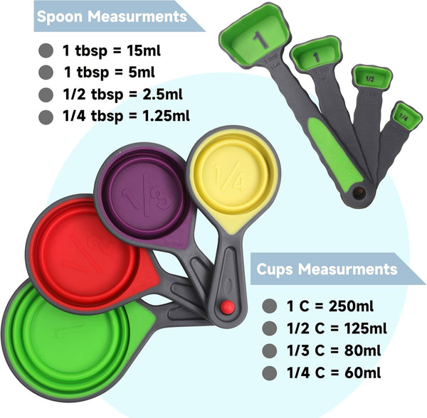 8Pcs Collapsible Silicone Measuring Cups and Spoons Set Soft Portable Adjustable Camper Kitchen Accessories for Liquid Dry Baking Utensils Kitchen Tools Travel Measuring Cup2