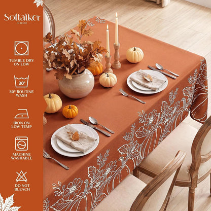 Large Fall Tablecloth Rectangle 60X104 Inch, Faux Linen Autumn Table Cloths with Maple Leaves & Pumpkin, Water Resistant, Orange Table Cover Decor for Fall, Dining,Kitchen-Harvest Themed5