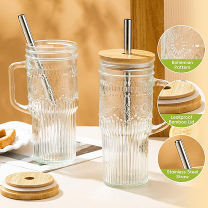 Glass Tumbler, 24 Oz Ice Coffee Cups with Bamboo Lid and Handle | Stainless Steel Straws and Cleaning Brushes, Boho Pattern Design for Iced Coffee, Smoothies, Tea and Daily Drinks2