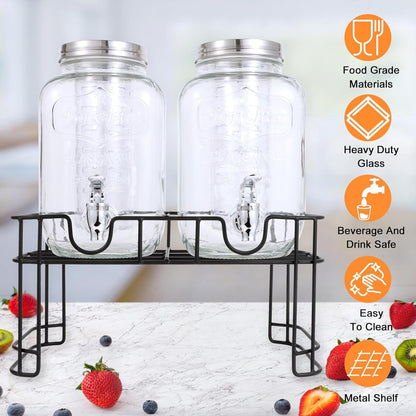 1 Gallon Glass Drink Dispensers for Parties-Set of 2,Leak-Proof Spigot | 4L Drink Dispenser with Fruit Infuser & Stand,Juice or Beverage Dispenser for Bbq,Picnic,Weddings,Lemonade Stand Supplies3