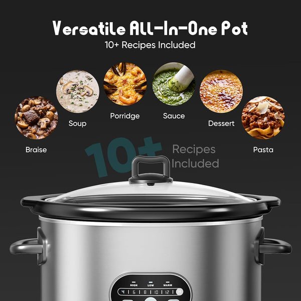 Slow Cooker 8 Quart, Ceramic Nonstick Coating, Programmable Slow Cooker with Dishwasher Stoneware Pot and Tempered Glass Lid, Multi Cookers with 3 Temperature, 35In Tangle Free Cord, Silver8