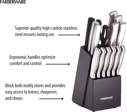 15-Piece Kitchen Knife Set, High-Carbon Stainless Steel Blades with Wood Block, Steak Knives, Sharpening Tool & All-Purpose Shears, Razor Sharp, Ergonomic Stainless Steel Handles8