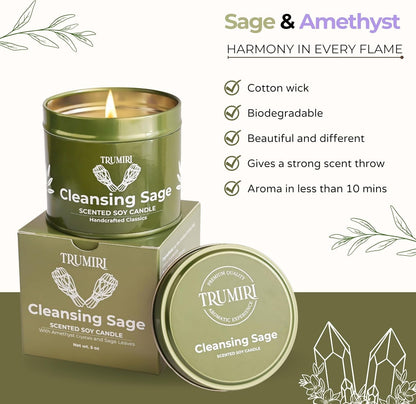 Sage Candle for Cleansing House Negative Energy Smudge Kit - 5Oz Soy Wax Natural Clean Organic Non Toxic - Aromatherapy Spiritual Meditation Gifts - Long Lasting Highly Scented Candel with Crystals4