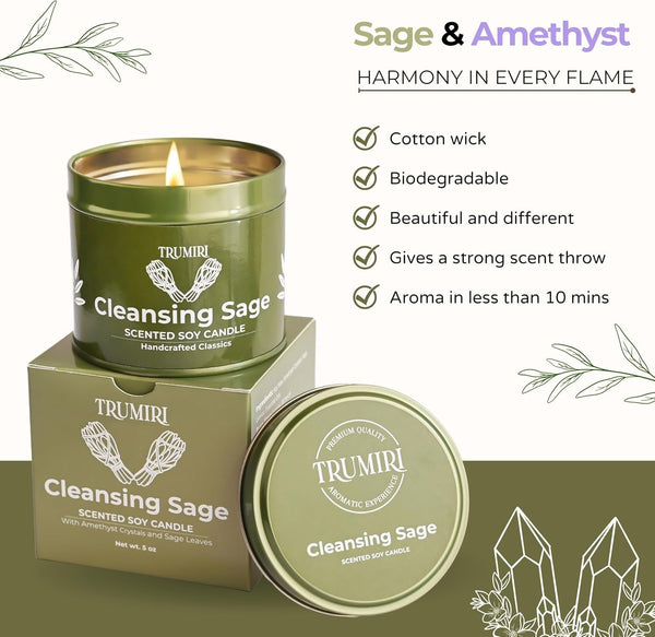 Sage Candle for Cleansing House Negative Energy Smudge Kit - 5Oz Soy Wax Natural Clean Organic Non Toxic - Aromatherapy Spiritual Meditation Gifts - Long Lasting Highly Scented Candel with Crystals4