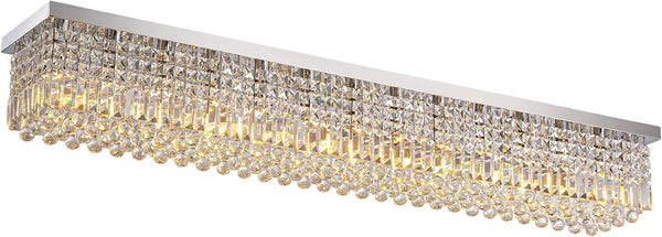 Rectangular Chandelier, Modern Dining Room Light Fixture with Raindrop Chandelier Crystals, 13-Light Flush Mount Rectangle Chandelier for Dining Room Kitchen,Chrome Finish L59'' X W10'' X H9''9