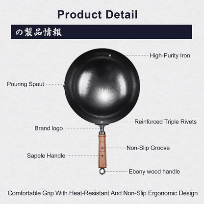 12.6-Inch Hand-Hammered Wrought Iron Wok, round Bottom | 99.8% Iron Content, 4.1-Inch Deep Bowl, Seasoning-Ready Surface, Fish-Scale Texture, Grooved Sapele Handle5