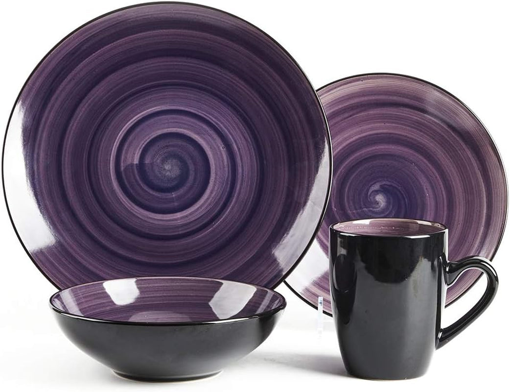 sonoma-16-piece-stoneware-dinner-set-samoa-outside-black-inside-hand-painted-combi-colors-of-grey-orange-purple-and-turquoise-with-speckle