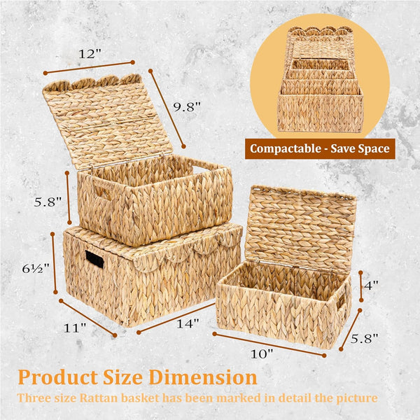 Set of 3 Scalloped Edge Wicker Basket with Lid, Rectangle Wicker Storage Basket with Built-In Handles, Multipurpose Organizer Rattan Display Boxes for Shelf, Nursery Room2