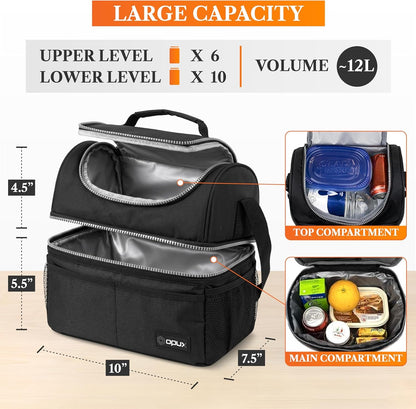 Insulated Lunch Bag for Men Women, Double Decker Leakproof, Black2