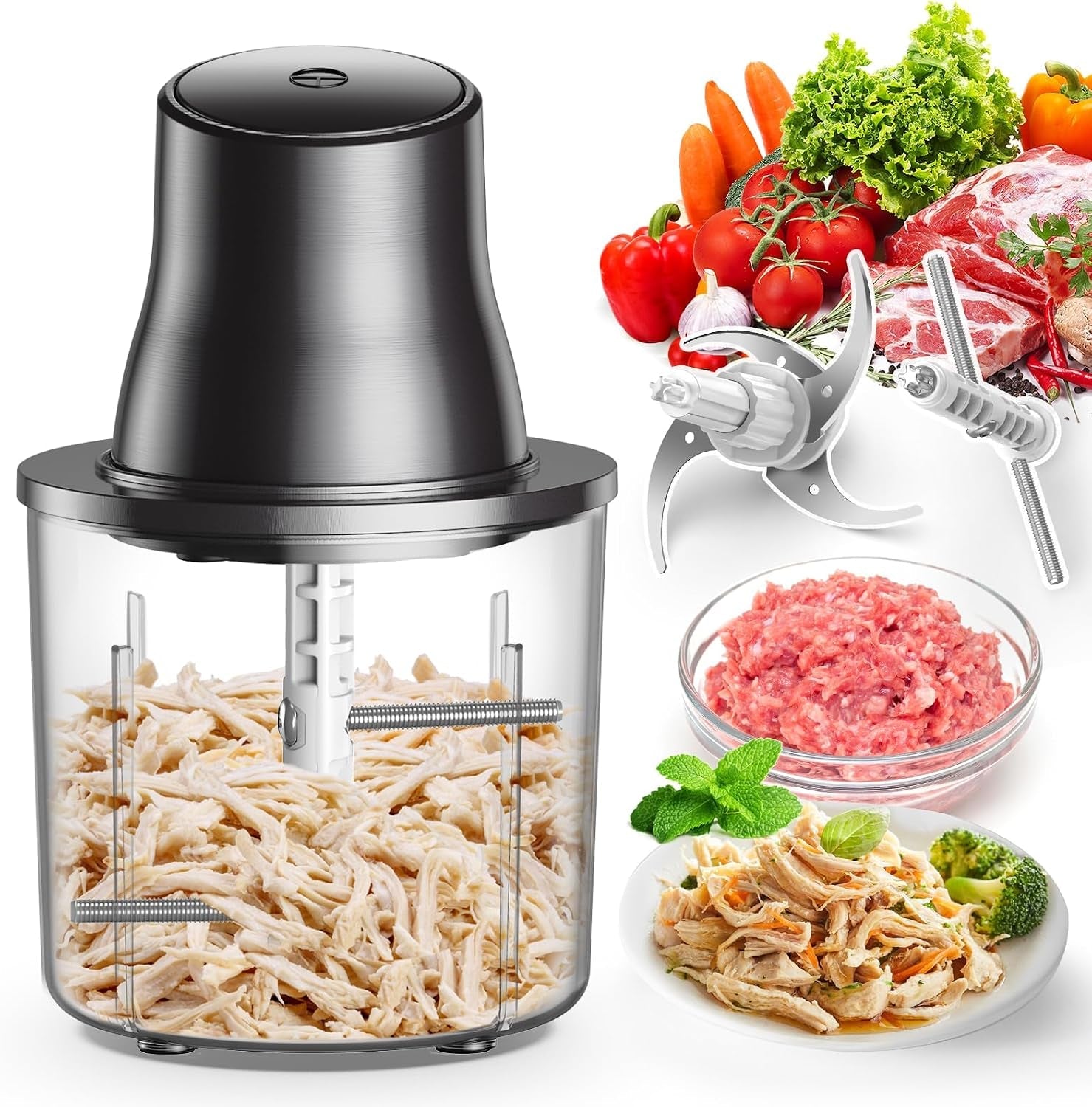 food-processors-2-in-1-electric-chicken-shredder-food-chopper-with-250w-copper-motor-1-5l-bowls-2-bi-level-blades-one-touch-electric-chicken-breast-shredder-tool-smart-overheat-protection