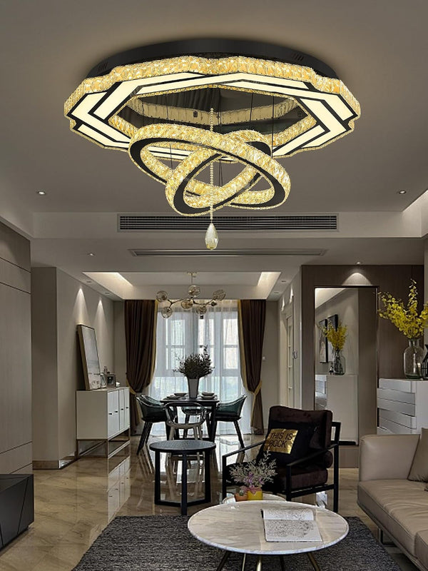Large Crystal Chandelier Dia 48" Black Ring Crystal Chandelier Flush Mount Ceiling Light for Living Room Foyer Hallway Dimmable LED 3 Rings Celing Lighting7
