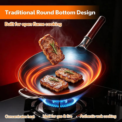 14 Inch Carbon Steel Wok with Lid, round Bottom Wok Pan, Blue Pre-Seasoned Chinese Stir Fry Pan for Open Flame Cooking, Large Traditional Pow Wok for BBQ, Grill, Camping, Home Cooking3